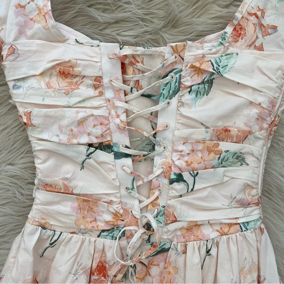 House of CB Lulabell Peach Floral Cotton Puff Sleeve Midi Dress Corset Back A-C - Picture 11 of 15